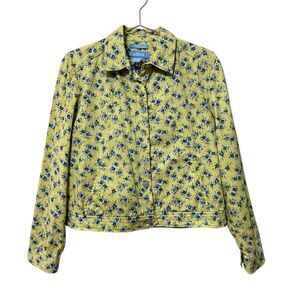 Evan Picone Womens Button Up Twill Jacket Size Large Yellow/Green Floral Print